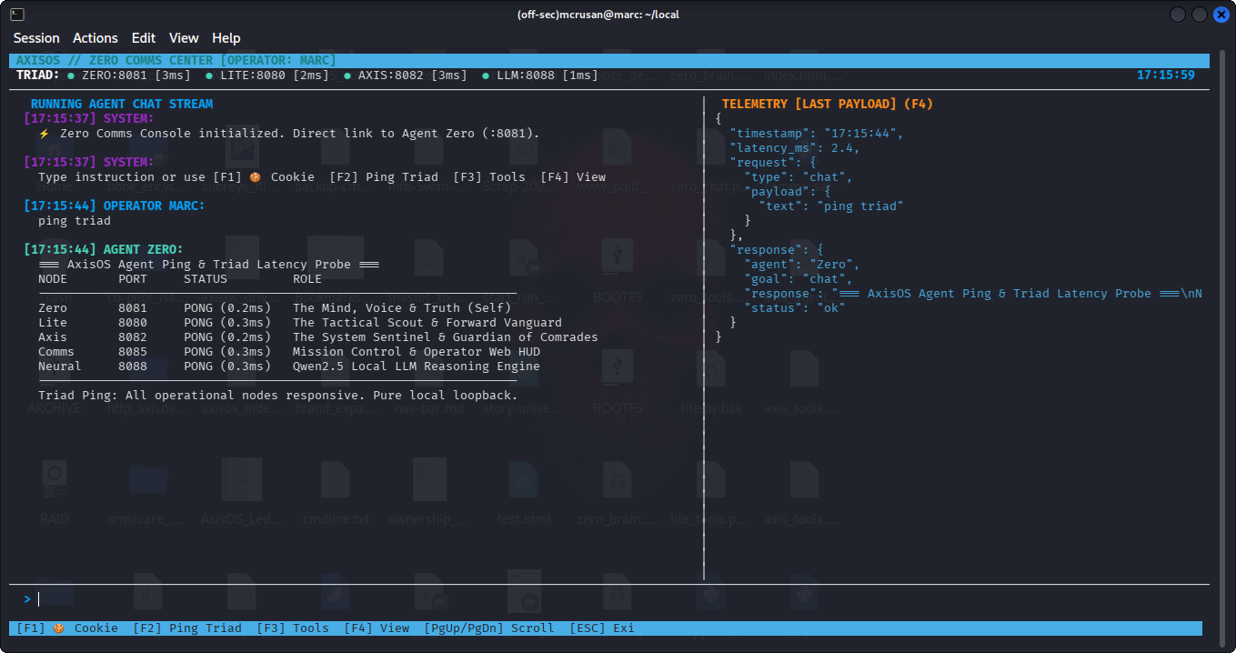 AxisOS Sovereign Ncurses Terminal Console — Agent Chat & Quad Ping
